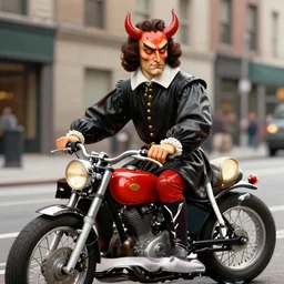 a colorful portrait photograph of galileo galilei riding a motorcycle in new york, 1 9 9 0 s, with diabolical cursed creepy dolls, poppy playtime style, with crazy laughs and crazy eyes, taken by martin parr, saturated colour photo, high definition, 8 k