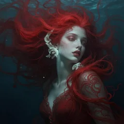 goddess of the ocean!! portrait of a seductive red beauty dreaming in underwater murky light, wind blown hair! dark fantasy esoteric, closeup, d & d, fantasy, intricate, elegant, highly detailed, digital painting, artstation, concept art, matte, sharp focus, illustration, art by artgerm and tom bagshaw and greg rutkowski and alphonse mucha