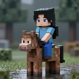 cute annie leonhart riding a minecraft horse in minecraft, beautiful face, pale skin, rule of thirds, cinematic lighting, rainy weather, melancholy atmosphere, sharp focus, backlit, stunning, smooth, hard focus, full body shot, instagram photo, shot on sony a 7 iii, hyper realistic