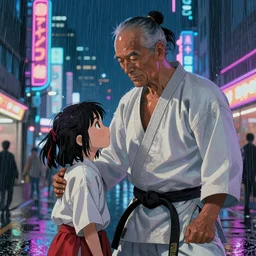 old martial arts teacher with his cute daughter, rainy night, neon glow concept art, sharp focus, city background, intricate, digital painting, artstation, official media, anime key visual, highly detailed, rich vivid colors ambient lighting, illustration, art by Artgerm, Makoto Shinkai, Ilya Kuvshinov, Lois Van Baarle and Rossdraws