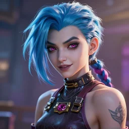 portrait art of jinx 8 k ultra realistic, lens flare, atmosphere, glow, detailed, intricate, full of colour, cinematic lighting, trending on artstation, 4 k, hyperrealistic, focused, extreme details, unreal engine 5, rtx, raytracing, masterpiece