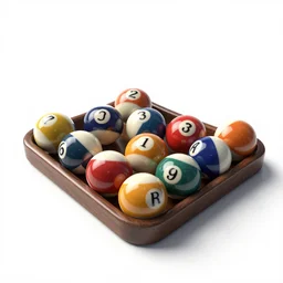 ceramic pool balls rack, stylized 3d render, isolated on a pure white background, centered, entire object in frame, sharp focus, soft studio lighting