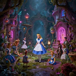 intricate detailed photo environement alice in wonderland : 4, 4 k rtx hdr volume light concept studio matte painting environement digital illustration style cyberpunk 2 0 7 7 artstation artur tarnowski, mihai muscan, marcin tomalak, marta leydy, marcin stepien, charlotte hughes, zuzanna dabrowa neon bioluminiscence