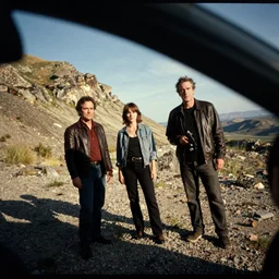 First official image from Quentin Tarantino's new action film No Guardrails, starring Andrea Riseborough and Tim Blake Nelson, filmed by Robert Richardson on Kodak 35mm Anamorphic filmstock, film grain, chromatic aberration, dutch angle, sharp contrast.