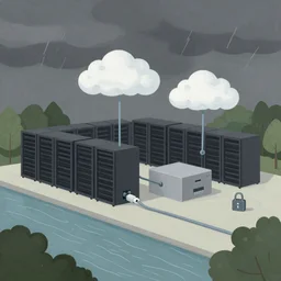 illustration of a data-center architecture, connector, firewall, cloud, security, river, trees, thunderstorm, trending on Artstation, painting by Jules Julien, Leslie David and Lisa Frank and Peter Mohrbacher and Alena Aenami and Dave LaChapelle muted colors with minimalism