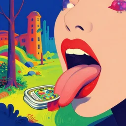 a colorful vibrant closeup landscape licking a tab of lsd acid on its land tongue and dreaming psychedelic hallucinations, by kawase hasui, moebius, edward hopper and james gilleard, zdzislaw beksinski, steven outram colorful flat surreal design, hd, 8 k, artstation