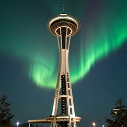intense aurora above space needle film long exposure