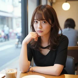 her name is shimizu, age is 2 3, pretty japanese girl, brown hair, revealing black top, at cafe, lives in fukuoka, 8 k, photography, photography lighting