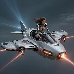 woman riding a futuristic flying craft, futuristic , very detailed, dramatic laser lighting, detailed mechanical hands, electrical  details, high details, 4k, 8k, trending on artstation, by Hajime Sorayama and Boris Vallejo