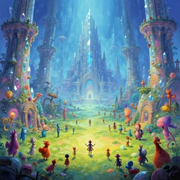A panoramic photo of gameplay from a videogame painted by James Gurney. Ground level perspective. Within a crystalline fantasy city populated by strange citizens. Matte painting. Fantastic incredible intriguing mysterious engaging impressive masterpiece lighting. Colorful environment, rule of thirds, symmetrical balance, depth layering, polarizing filter, Sense of Depth, AI enhanced