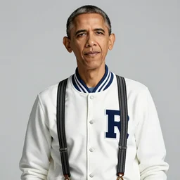 riverdale still of obama wearing suspenders, a white varsity sweater with a varsity letter r, and a propeller cap, cap with a propeller on it, 1 9 5 0 s, color picture