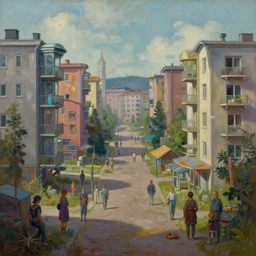 cinematic view of a retro scifi helsinki suburb, people, desaturated, psychedelic, tim hildebrandt, wayne barlowe, bruce pennington, donato giancola, larry elmore, oil on canvas, masterpiece, trending on artstation, featured on pixiv, cinematic composition, dramatic, beautiful lighting, sharp, details, hyper - detailed, hd, hdr, 4 k, 8 k