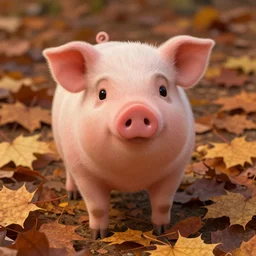 cute piglet in a pile of autumn leaves, facing camera pixar style