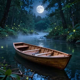 Beautiful wooden boat floating in the forest river, vibrant bright cyberpunk color scheme, hyperdetailed twigs and plants, moonlit nightscape, bioluminescent fireflies, layered fog, moody lighting, photorealistic digital arts, sharp, well focused,  artstation HD, 8K
