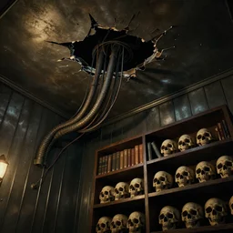 creepy low angle shot of a metal room with tubes and cables coming out of a hole in the broken ceiling and a bookshelf filled with skulls on the back wall, dramatic lighting, moody lighting, dark colors, golden ratio, rule of thirds, environmental design, cinematic low angle, dutch tilt, 8 k, realistic lighting, realistic shading, octane render