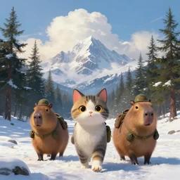 portrait of cute anthropomorphic cat and capybara soldiers traveling in tundra between pine trees underneath big mountains with giant clouds, facing the camera, digital painting by rembrandt and akira toriyama, volumetric and cinematic lighting, d & d, artstation, epic 8 k