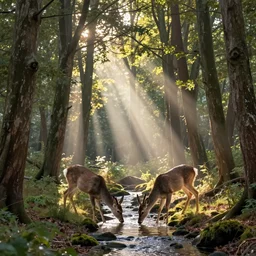 a colour photograph taken in a woods at sunrise, shafts of sunlight filtering through the trees, a deer drinks from a small stream, a gentle mist rises, taken by michael kenna, charlie waite, cinematic, epic scene, award winning photography, flickr, 5 0 0 px, nature photography, landscape photography