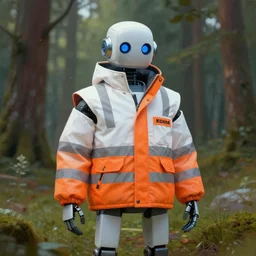 a painting depicting a robot in a forest clearing wearing a white reflective orange jacket, 4 k, 3 d, redshift render,