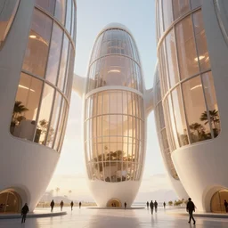 the inside of a very tall monument by tim blandin and arthur haas and bruce pennington and john schoenherr, big pods, big windows architecture by zaha hadid, octane render, warm colour scheme, white, cinematic, scenery, cgsociety, modernism, futuristic, trending on artstation, sci - fi, high detail, high quality, close up angle, people walking