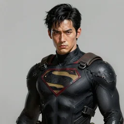 hyper realistic painting of a young man wearing a tattered superhero costume. tactical. black. hyper detailed face. anime concept art. 4 k. art by greg rutkowski trending on artstation. extremely detailed.