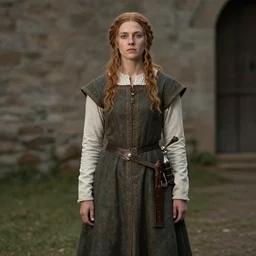 woman wearing medieval commoner's dress |art style by mark zug |