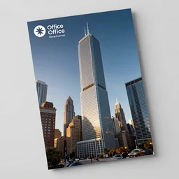 a marketing flyer for a new office tower in downtown chicago, graphic design