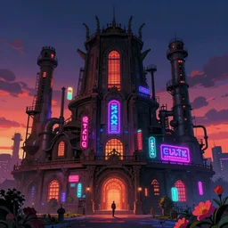 a beautiful photorealistic anime illustration of temple industrial architecture by vija celmins, evil neon signs darkacademia lightpaint thermal vision otherworldly retrowave alien liberty city cgsociety clear night flowers sunset, archdaily, wallpaper, highly detailed, trending on artstation.