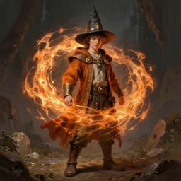 Fifteen year old teenage hobbit wizard, short brown hair, pimples, mage hat, Orange Magic energy swirling body, Ivan Aivakovsky, Boris Vallejo, epic fantasy character art, D&D Concept Art, full length, Realistic, Regal, Refined, Detailed Digital Art, Oil Paining, Exquisite detail, post-processing, masterpiece, Cinematic Lighting, Unreal Engine, 8k, HD