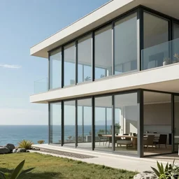 a modern house with tall glass windows and a view of the sea, realistic photo, well detailed, trendy in artstation, 8k