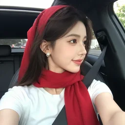 a selfie of a beatiful young woman inside convertible with no roof. 2 5 years old. she is wearing make - up and expensive jewlery. she is wearing a half t - shirt. her face is partially obscured by a red scarf, and she has a smiling expression. right profile picture