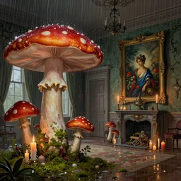interior of a Victorian house, heavy rain, big mushrooms, moss, candles, a beautiful painting, digital art, overdetailed art, concept art, detailed illustration, hd, 4k, digital art, highly saturated colors, Dan Mumford,  Greg rutkowski, Victo Ngai