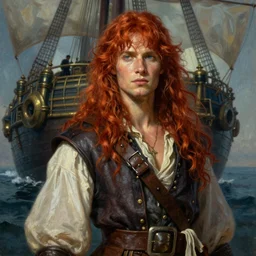 epic fantasy portrait painting of a long haired, red headed male sky - pirate in front of an airship in the style of eve ventrue