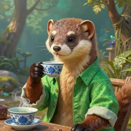 portrait painting of a weasel wearing a shirts drinks chinese tea by wenjun lin, irakli nadar, bright colors, octopath traveler, wenjun lin, unreal engine 5 highly rendered, global illumination, 9 radiant light, detailed and intricate environment