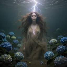 a goddess of hydrangeas!! standing in a windy murky underwater garden! with a beautiful symmetrical face!!! cinematic lightning, murky dusty deep, smoky eyes, isolated, studio lighting by artgerm yuri shwedoff and tom bagshaw