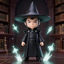 elon musk as anime character, pretty symmetrical face, fullbody, pointy hat, black robes, magic, anime, nendoroid, magical, motes of light, dark library
