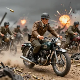 highly detailed diorama of fonzie riding his motorcycle through a ww 1 battlefield in the somme, with bullets and explosions all around