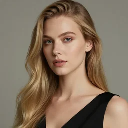 ultra detail, beautiful young woman, professionally retouched, blonde hair, black dress, soft and elegant, muted colors,
