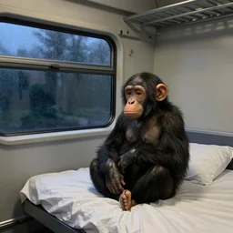 bonobo inside of a train compartment room sitting on bed, rainy window, night, soft lighting