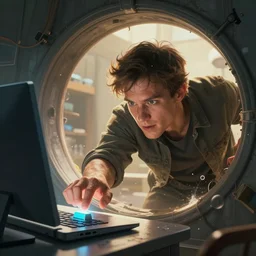 a man getting sucked in a portal while pressing a computer button in action, action film color palette, artstation, octane render, cinematic