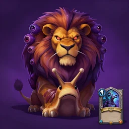 a giant evil lion snail, snail having multiple eyes, violet dark theme, front full view, artstation, orthographic, hd, 8 k, sharp high quality artwork in style of greg rutkowski, concept art, blizzard warcraft artwork, hearthstone card artwork