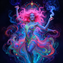 psychedelic [ chemiluminescence ] [ [ [ smiling ] ] ] dancing elegant woman chakra spirit, winking at the camera, with pink hair smoke and fluid dynamics, colorful, psychedelic, ornate, intricate, digital painting, concept art, smooth, sharp focus, illustration, blacklight reacting, art by artgerm and greg rutkowski