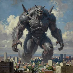 john carpenter's the thing, monstrous, looming over a large city, gigantic, akira monster, hyperrealistic, oil painting, beautiful