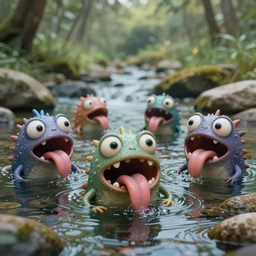 of a serene river stream with strange cute friendly happy creatures with huge eyes, mouth, long tongue and round teeth appearing from the water, in the style of gehry and gaudi, macro lens, shallow depth of field, highly detailed, digital painting, trending artstation, concept art, illustration, cinematic lighting, vibrant colors, photorealism, epic, octane render