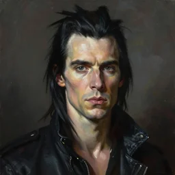 a portrait of cyberpunk nick cave, masterpiece, dramatic lighting, painting by caravaggio and ruan jia and jakub rebelka