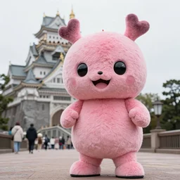 a pink japanese mascot with a castle in the background, hyperrealism, creepy