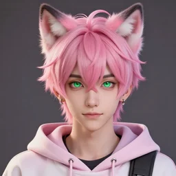 a beautiful headshot portrait of a cute anime male with pink hair and pink wolf ears wearing a hoodie. piercings. green eyes. character design by cory loftis, fenghua zhong, ryohei hase, ismail inceoglu and ruan jia. artstation, volumetric light, detailed, photorealistic, fantasy, rendered in octane