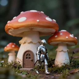 outdoors, a tiny human knight in silver metal armor, is walking beside a cute cottage that is a mushroom, anamorphic, dramatic lighting, professional macro photography, kodak ektar film