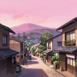 A japanese town with pink sky, cozy town, anime wallpaper, Hirohiko Araki, Hirohiko Araki artwork, araki art, 4K