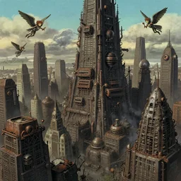 landscape of a steampunk metropolis, full of skyscrappers, buildings, robotic angel creatures, gritty, dirty, rusty, matte painting, by hayao miyazaki