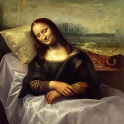 A digital painting of Monalisa sleeping on bed by leonardo da vinci